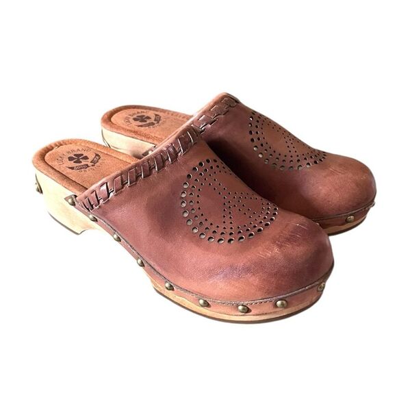 Lucky Brand Peace Sign Leather Wooden Clogs - Picture 1 of 7